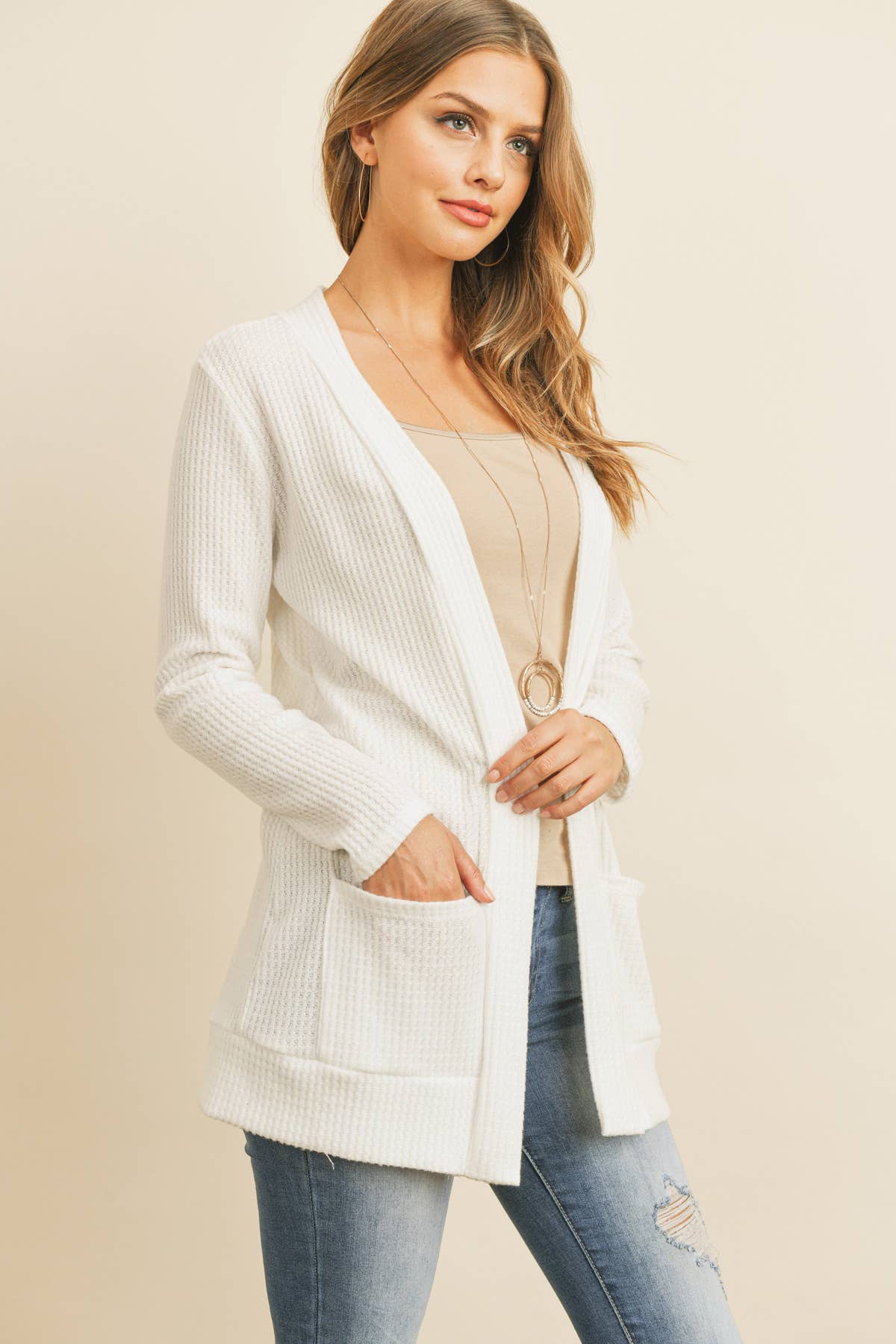 You & Me – Großhandel Strickjacke – Damen – GEBÜRSTETER WAFFEL LANGARM SEITENTASCHEN OFFENE FRONT STRICKJACKE18