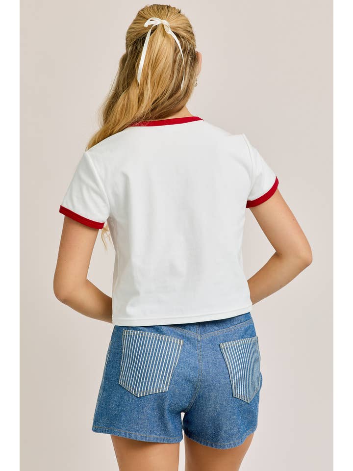 WHITE RED SUNDAYS ARE MADE FOR CROISSANTS CONTRAST TRIM BABY TEE for wholesale on Faire