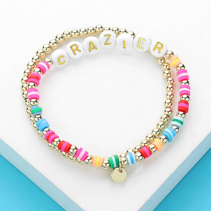 2PCS - CRAZIER Message Metal Ball Heishi Beaded Stretch Multi Layered Bracelets for wholesale by Sensibling Corp.
