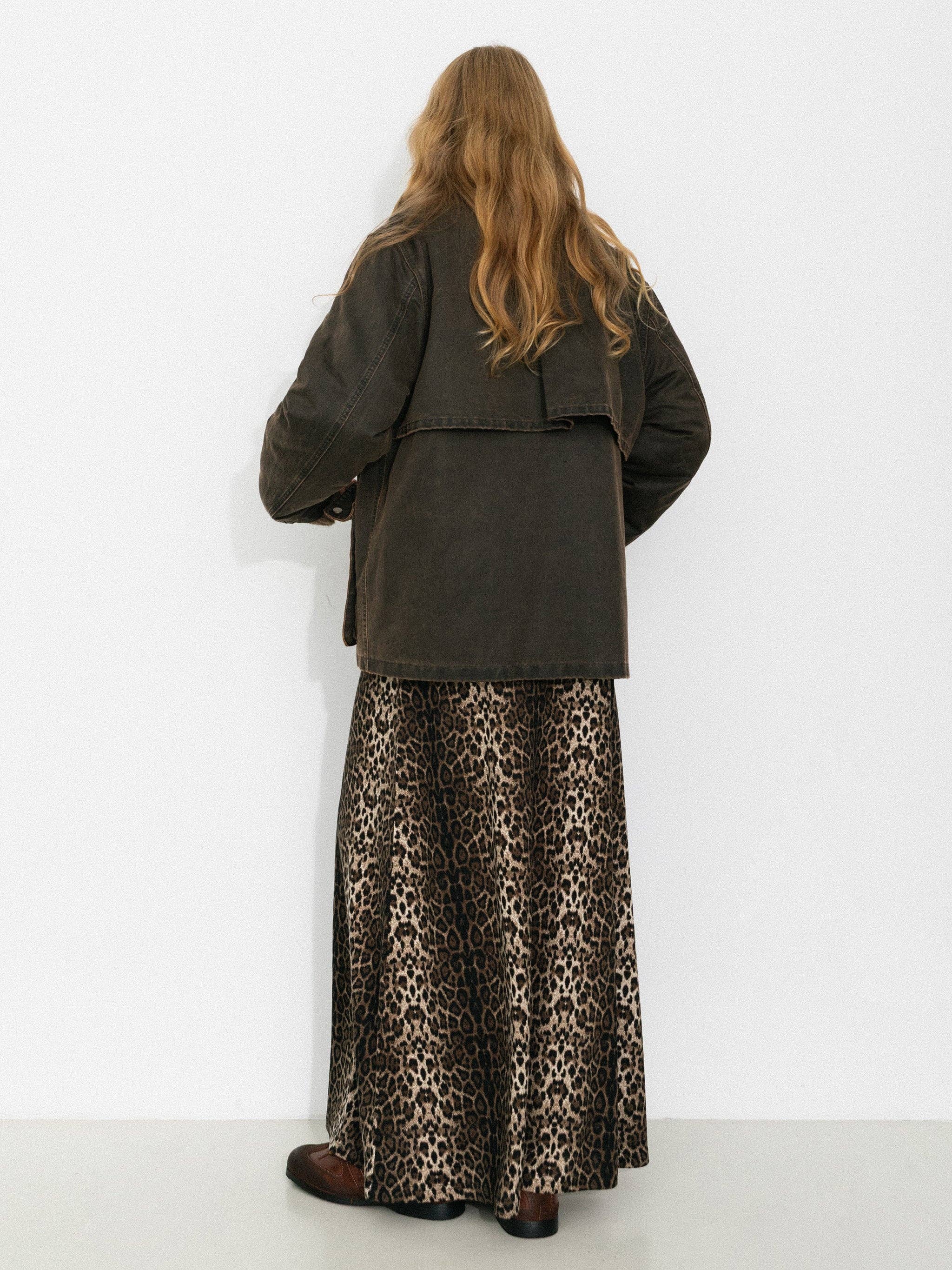 Brown Vintage Leopard Print Draped Maxi Skirt for wholesale on Faire3