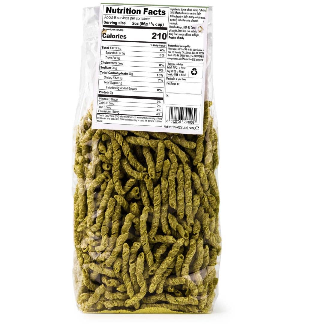 Wholesale Italian Food - Wholesale Pasta - Gusto Etna, Pistachio Busiata Pasta, Spiral Pasta (500 g)1