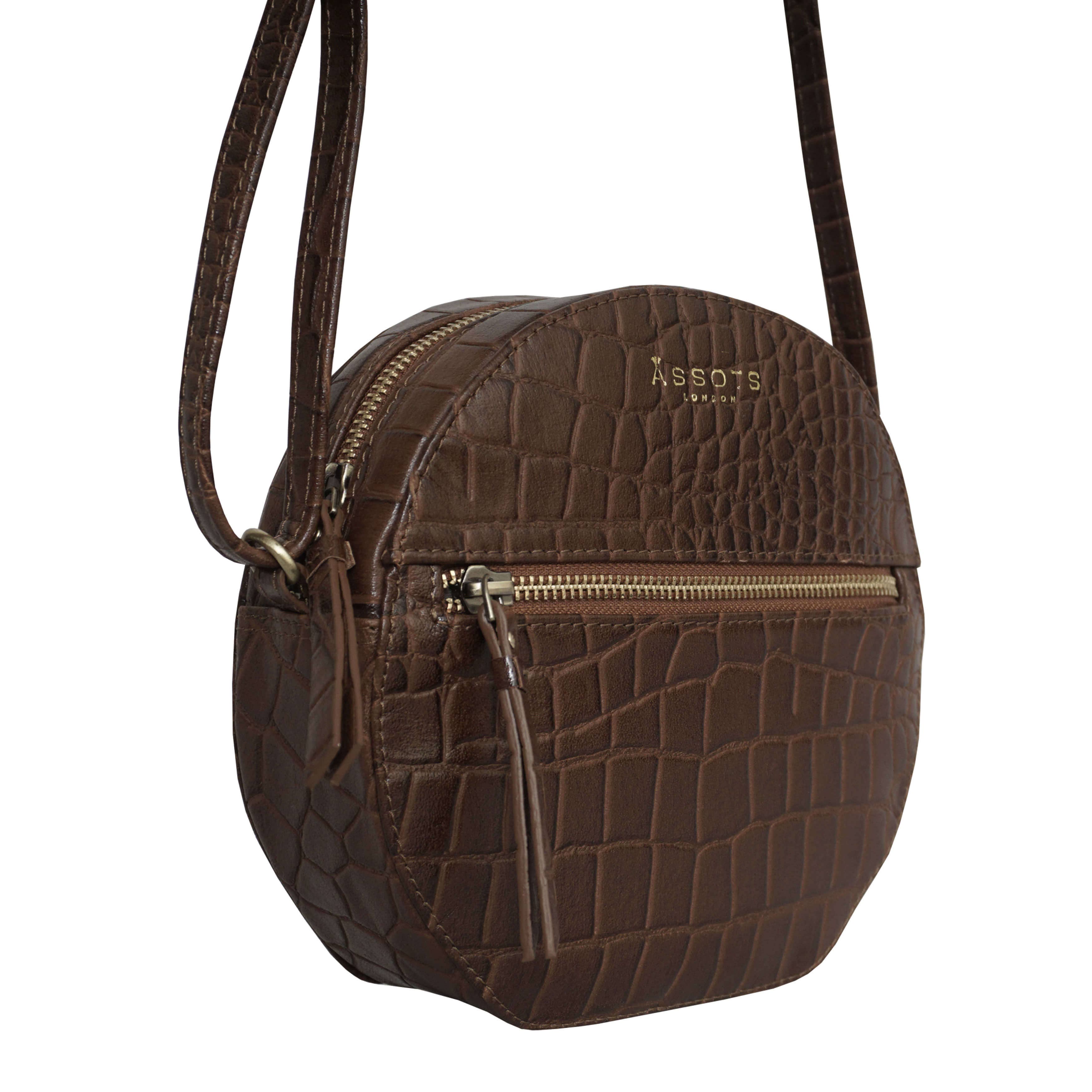 Assots London - Wholesale Crossbody Bag - Women's - 'Jane' Dark Tan Croc Leather Round Designer Crossbody Bag5