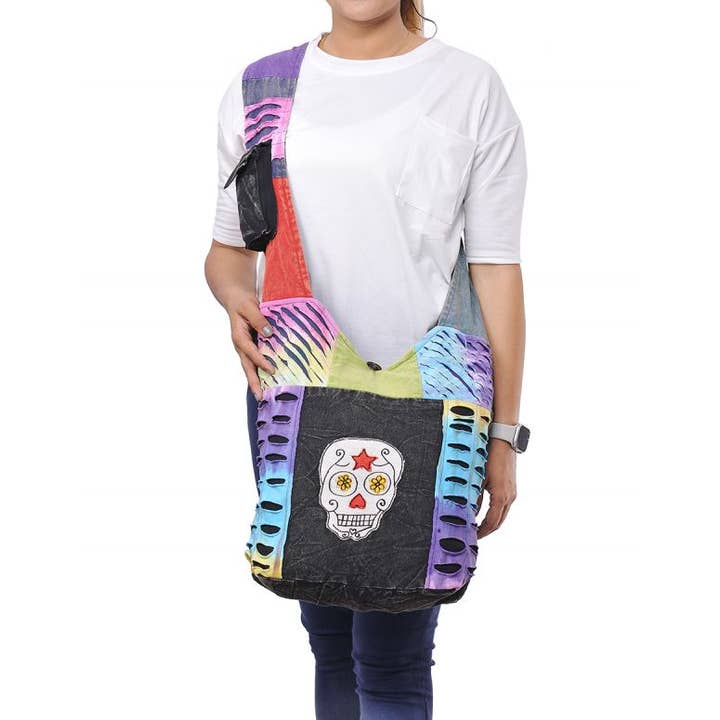 The Collection Royal / Royal Handicrafts - Vendita all'ingrosso Borsa a tracolla - Donna - Borsa Hobo a Tracolla Bohemian Hippie Boho con Patch Candy Skull1
