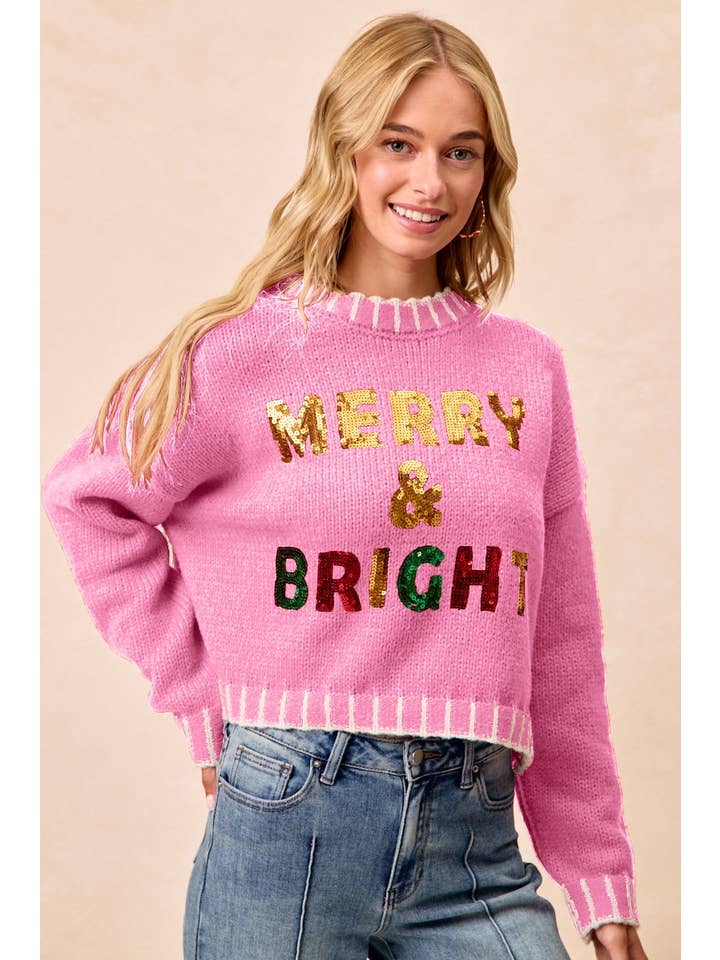 Vanilla Monkey - Wholesale Knit Sweater - Women's - Christmas Theme Sequin Lattering Sweater Top