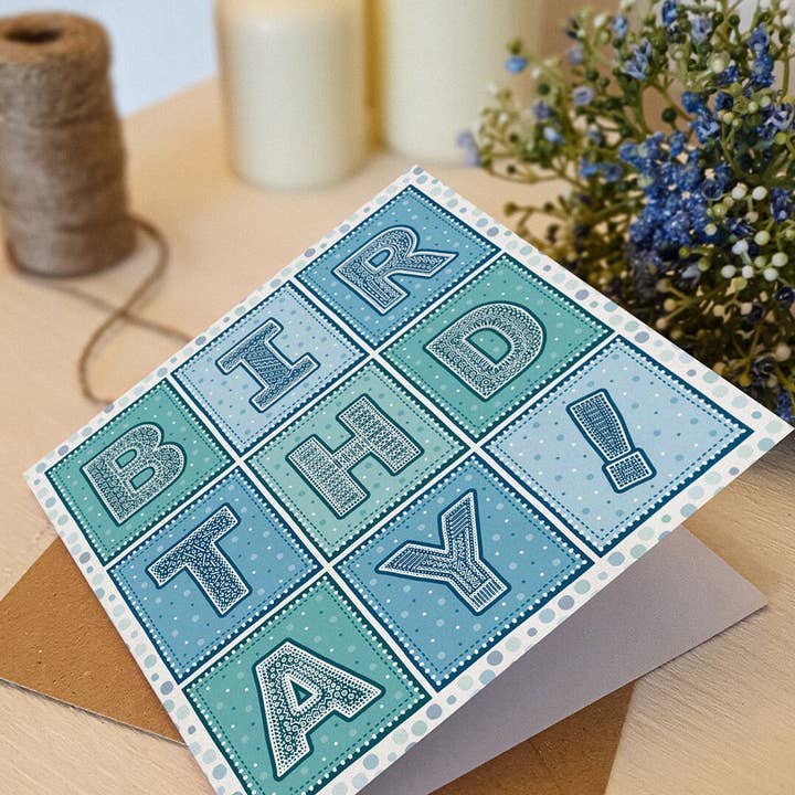 Jess A Little Creative - Wholesale Birthday Card - Blue and Turquoise Typographic Birthday Card