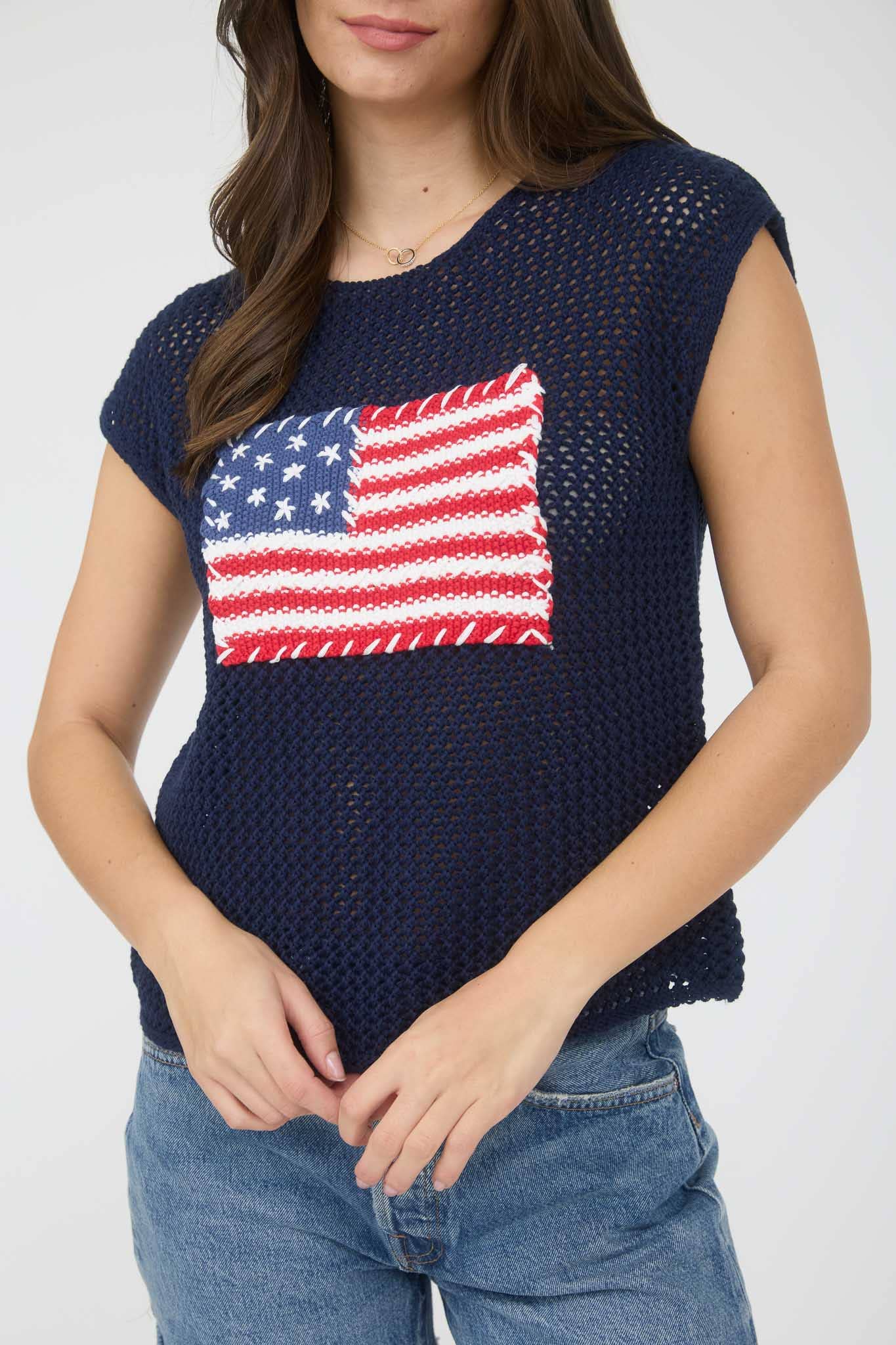 Blu Pepper - Wholesale Knit Sweater - Women's - AMERICAN FLAG CROCHET KNIT SWEATER TOP15