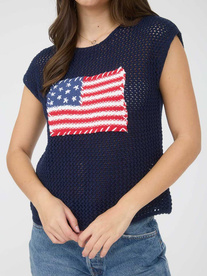 Blu Pepper - Wholesale Knit Sweater - Women's - AMERICAN FLAG CROCHET KNIT SWEATER TOP15