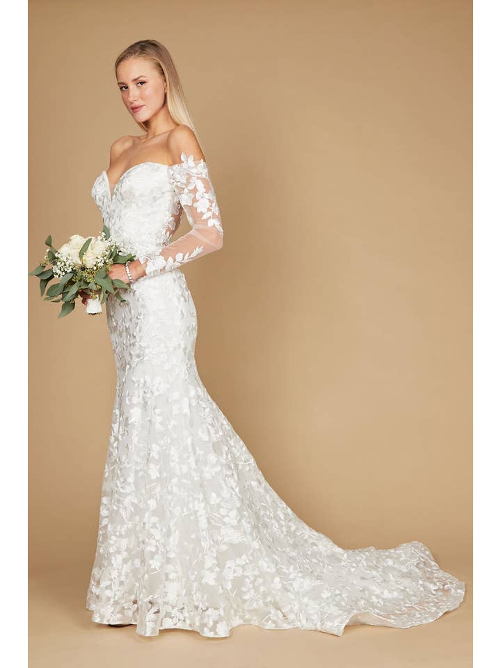 White Lace Long Off Shoulder Mermaid Wedding Dress Wholesale for wholesale on Faire3