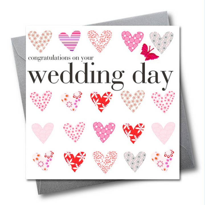 Wedding Card, Congratulations, Embellished with a fabric butterfly for wholesale by Claire Giles Ltd