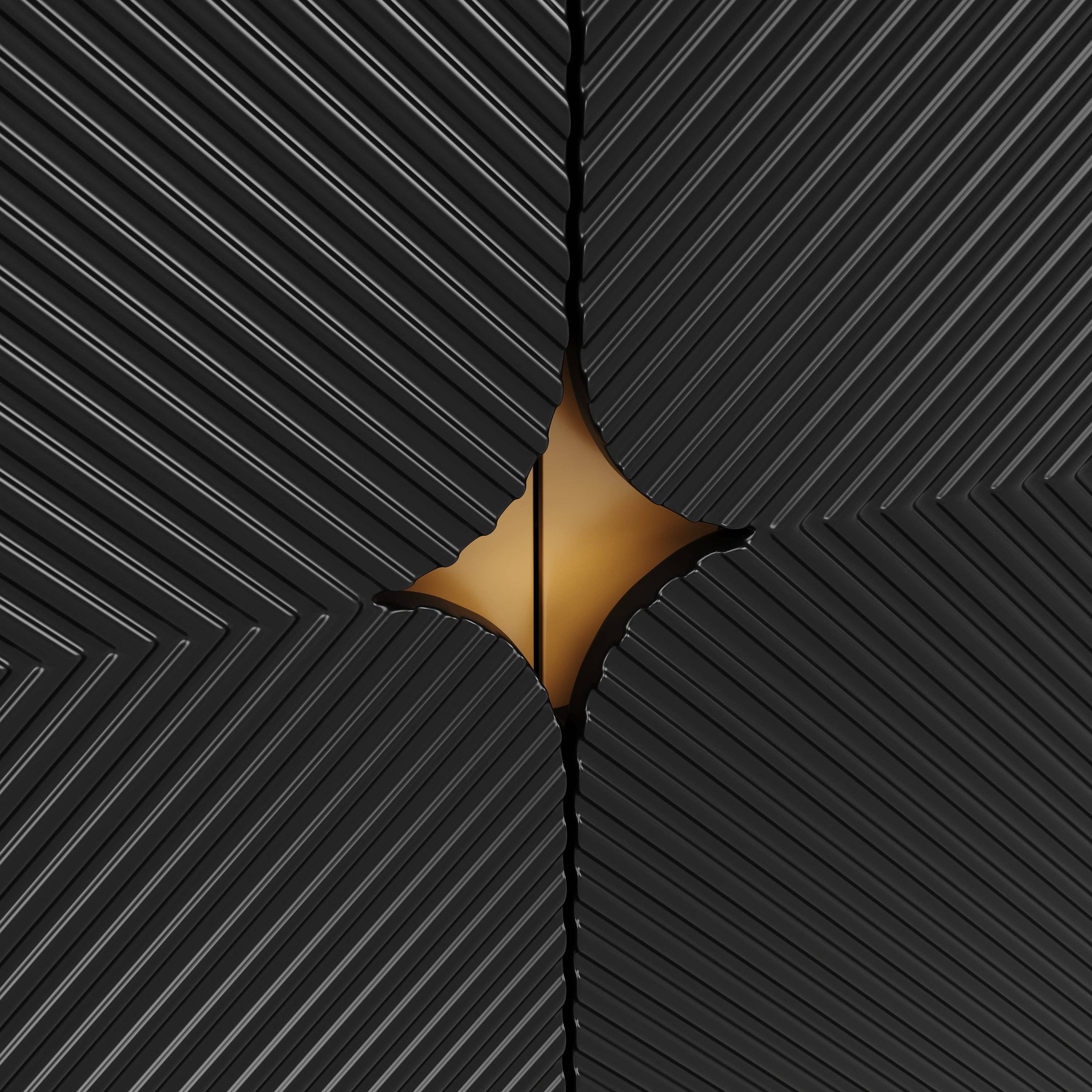 Urban Meuble - Wholesale Cabinet - Black sideboard with wood-effect embossed texture, 4 doors, luxury style with golden accent POLLENBASK8