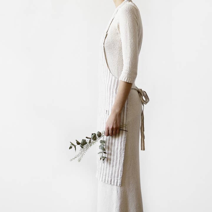 Linen Tales – wholesale Apron – Natural White Stripes Linen Daily Apron