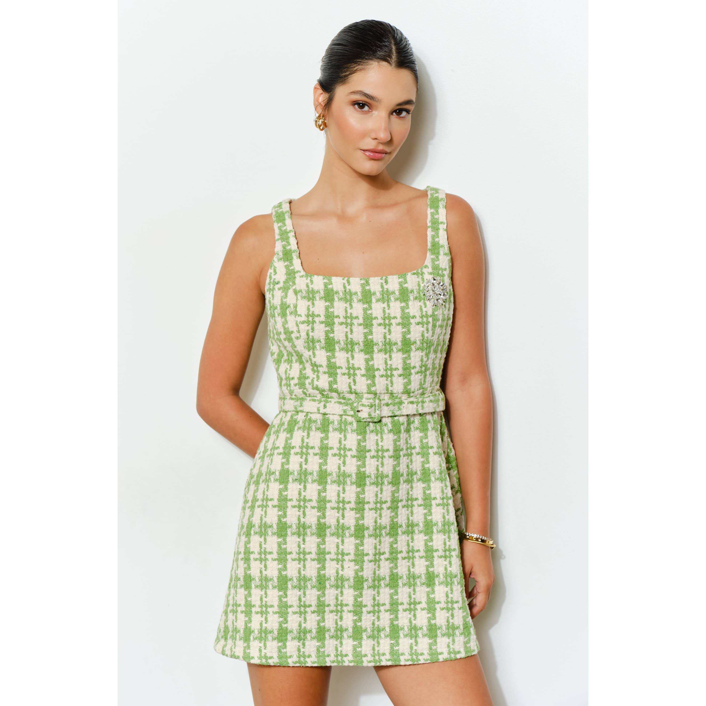 INA - Wholesale Dress - Women's - Check Tweed Brooch Detail Belted Mini Dress16