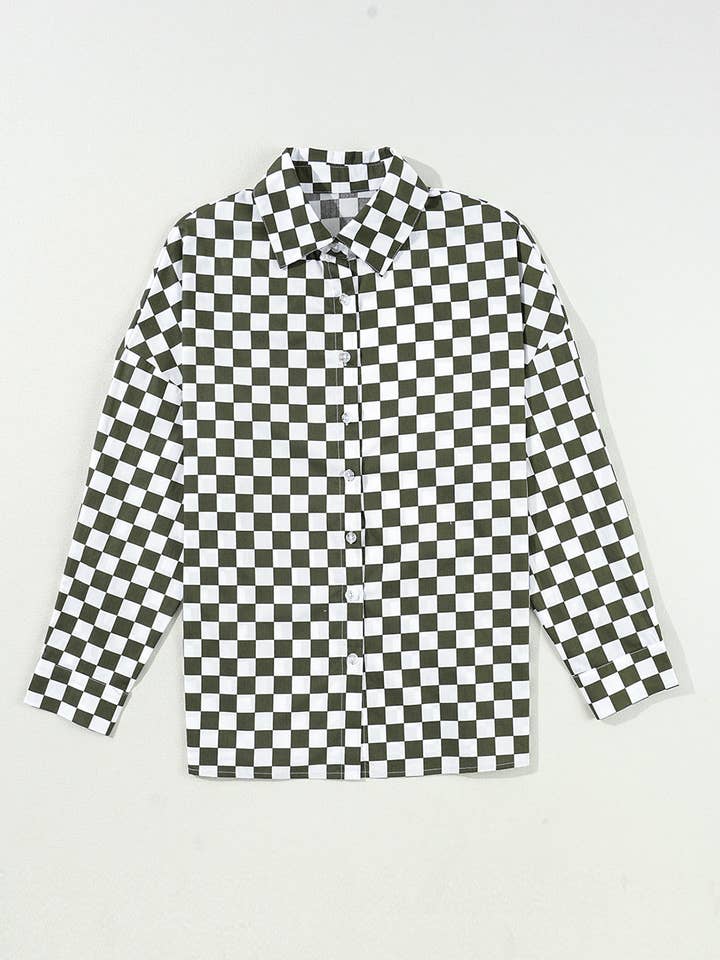 Green Checkerboard Printed Drop Shoulder Loose Casual Shirt for wholesale on Faire2