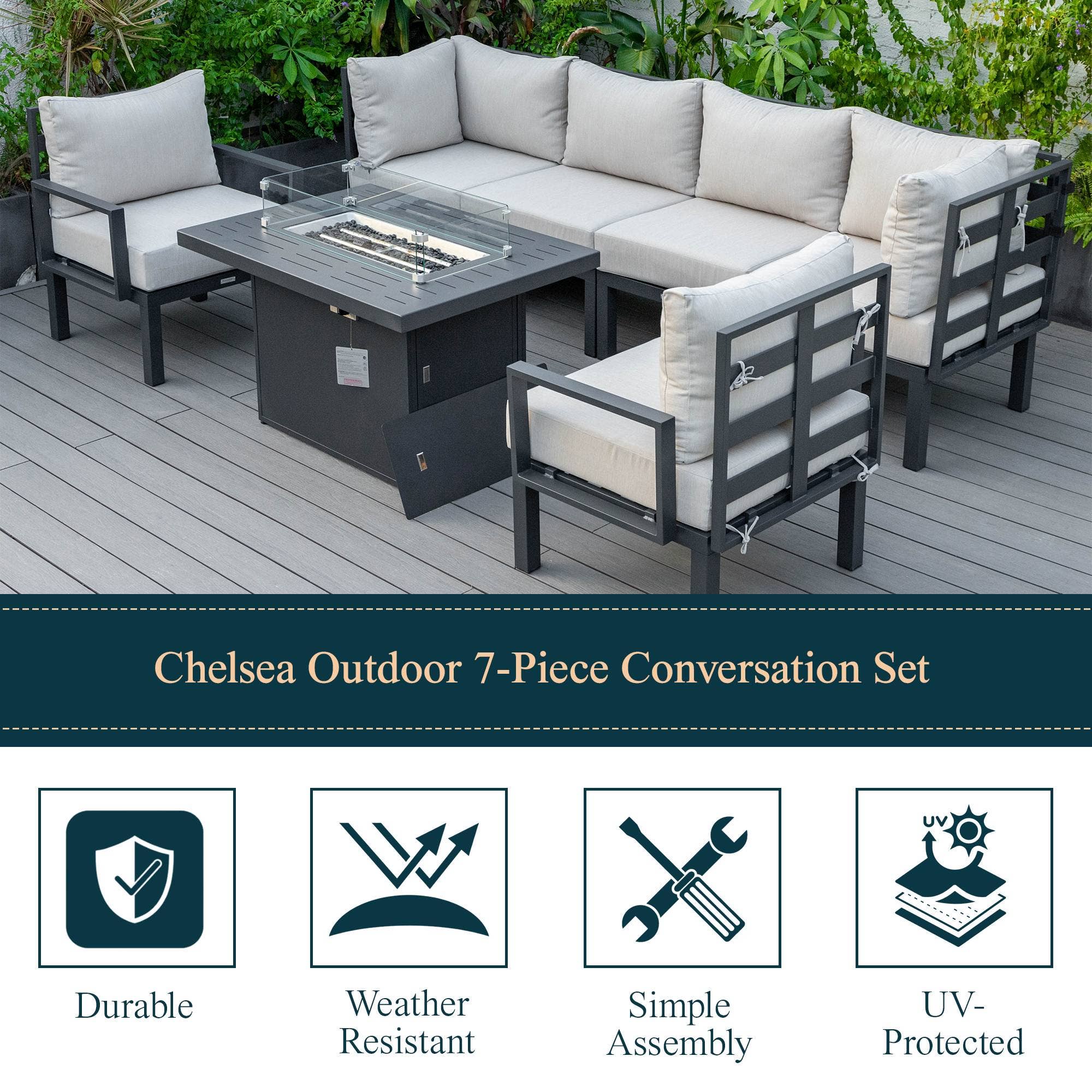 LeisureMod - Wholesale Patio Set - Chelsea 7-Piece Patio Sectional Set with Fire Pit Table2