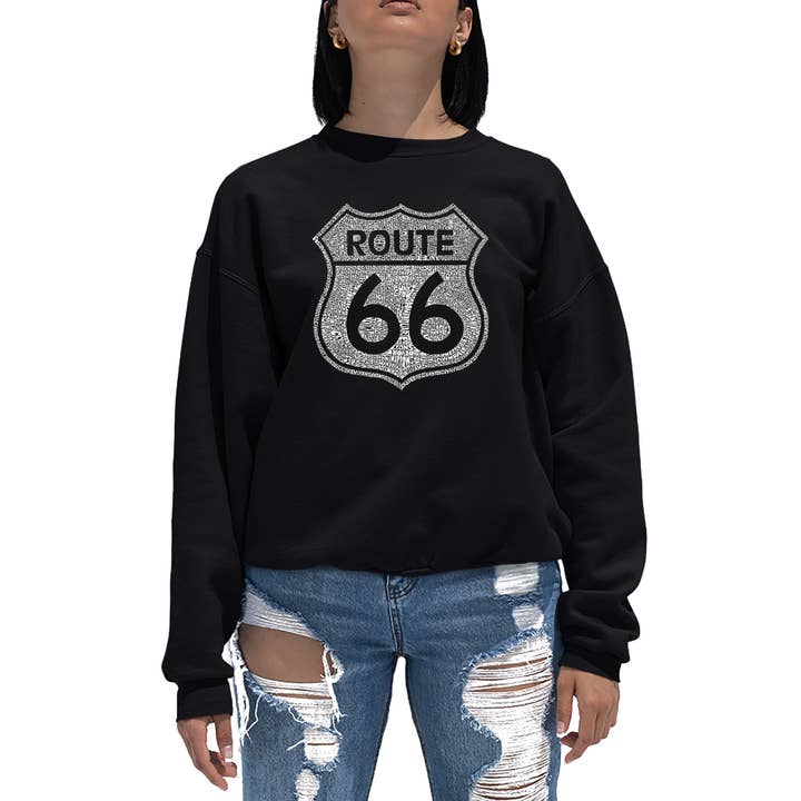 Women's Word Art Crew Sweatshirt - CITIES ALONG ROUTE 66 for wholesale by LA Pop Art