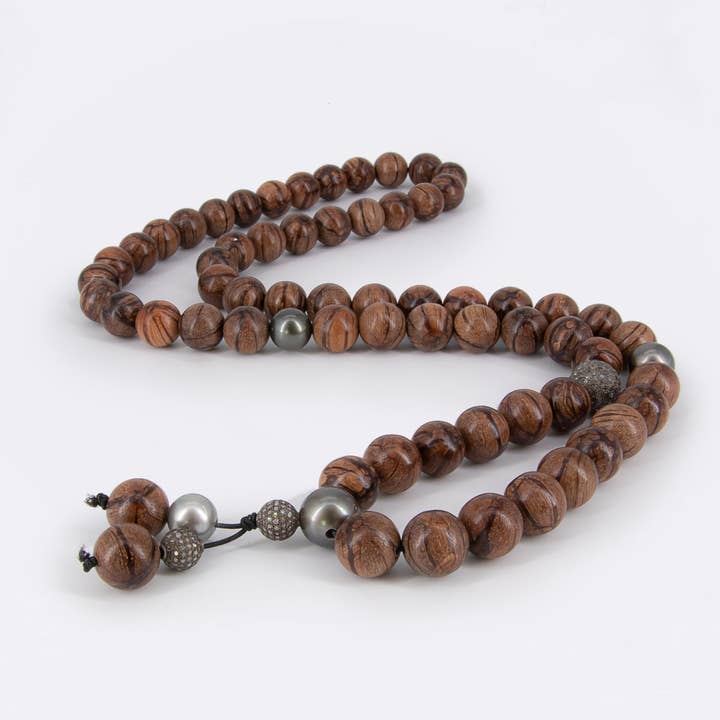 Luxurious chain with wooden beads, diamond pavé balls, and Tahitian pearls - Big Buddhist Diamond Bond for wholesale by 15DEGREESLONDON