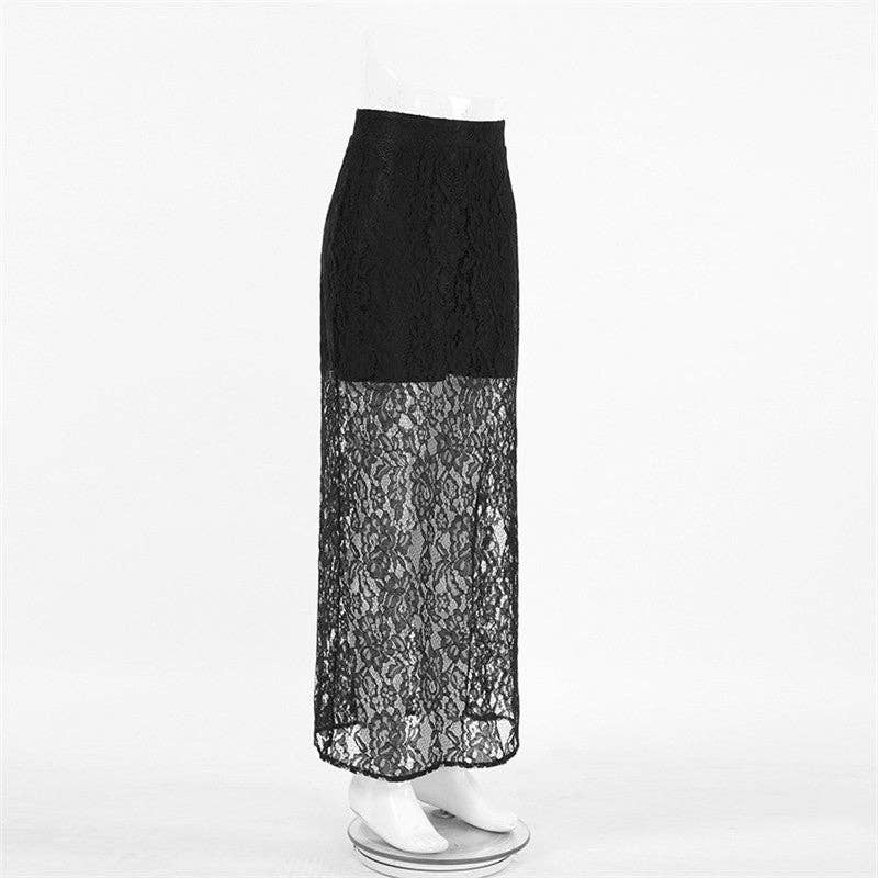 BLACK Elegant Lace Floral High-Waisted Midi Skirt for wholesale on Faire4