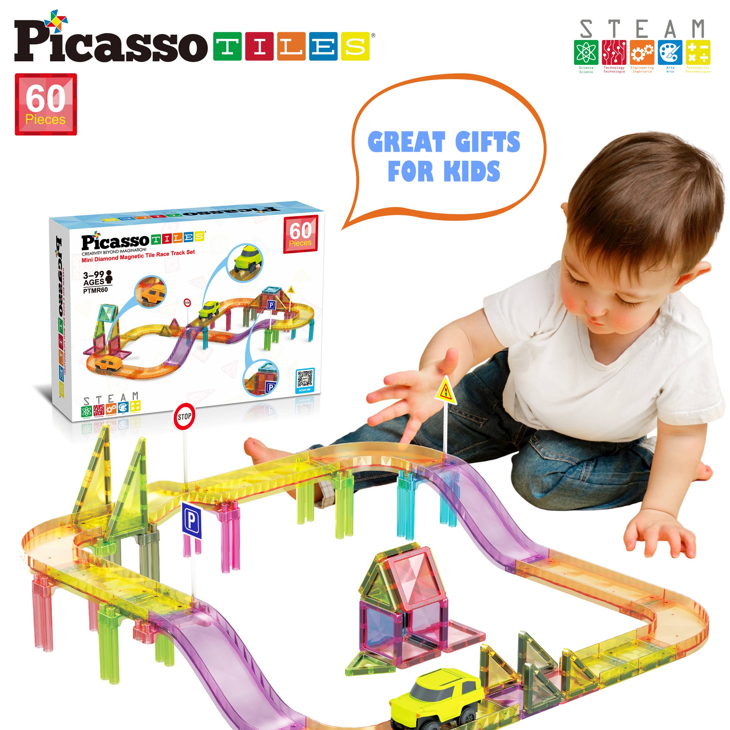 PicassoTiles - Wholesale Building Set - Kids - PicassoTiles 60pc Travel Size Magnetic Tile Race Track Set4