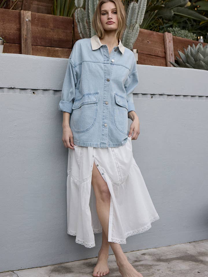 Contrast Collar Light Wash Denim Jacket - RJ1086 for wholesale by RAISONNEL