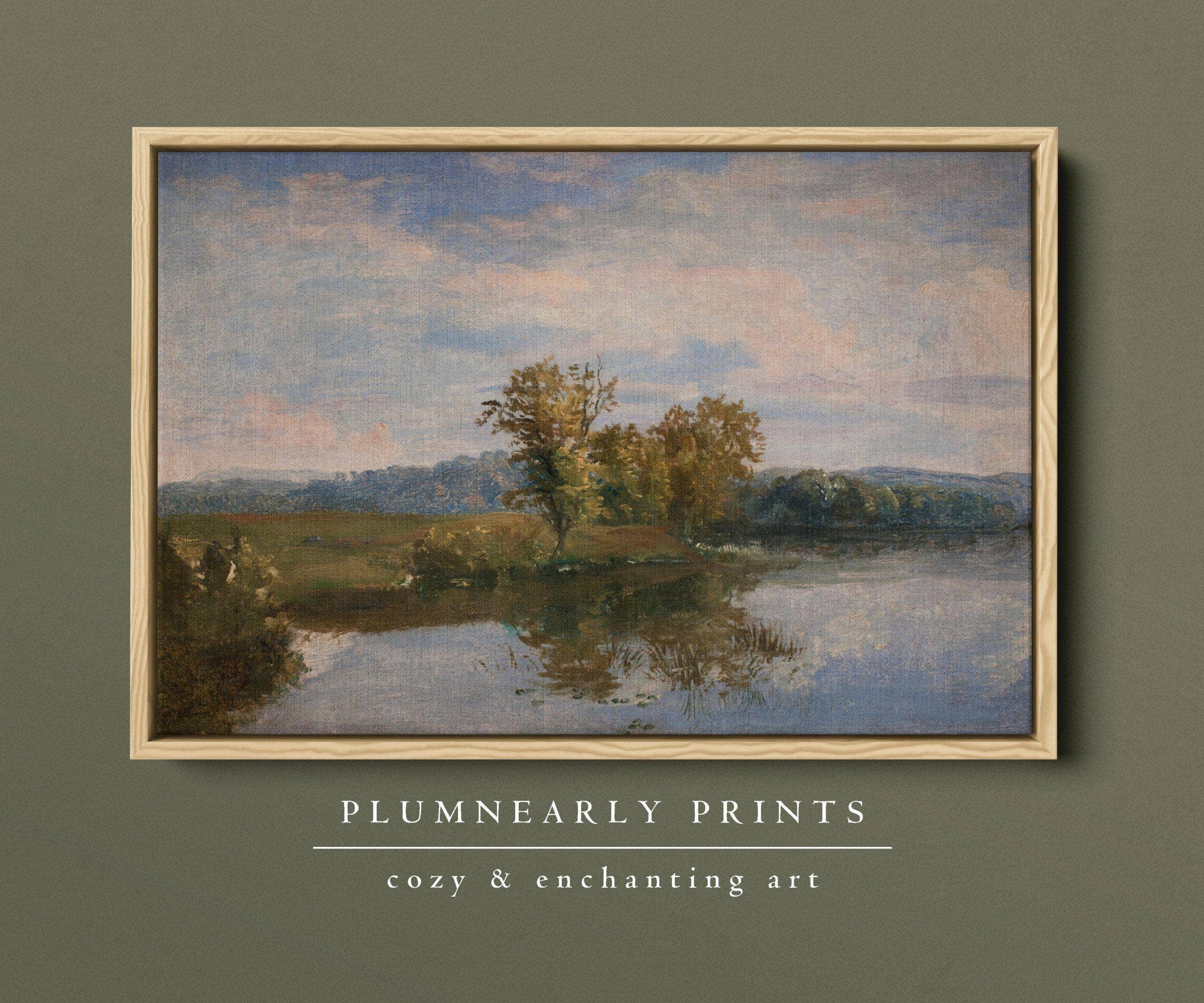 Plumnearly Prints - Wholesale Canvas Art - Sage Green Blue Lake Landscape Painting Framed Canvas Art 55