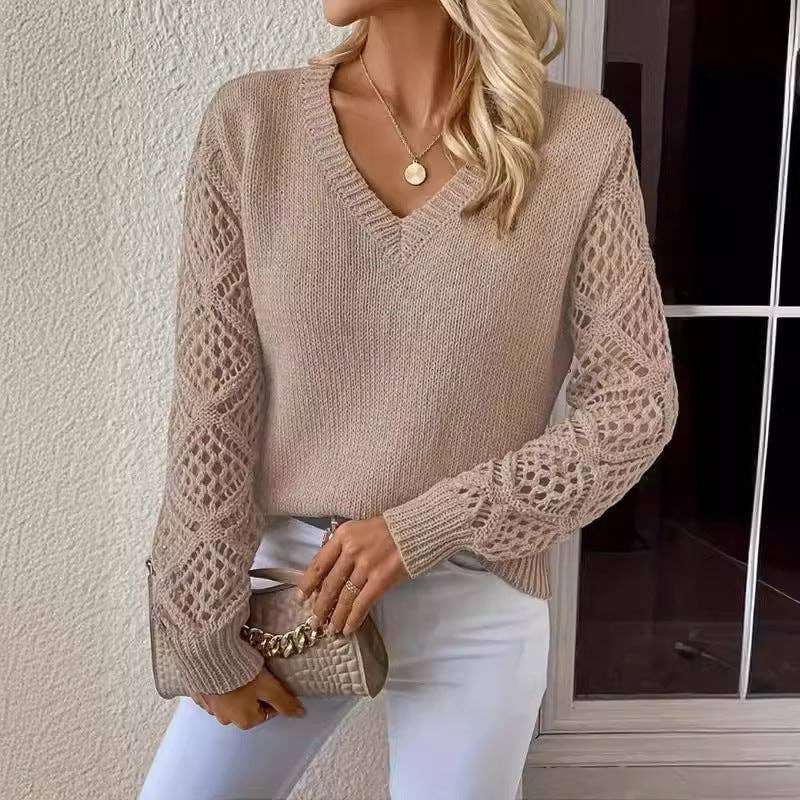 Masyal - Venta al por mayor Jersey de punto - Mujer - Suéter casual de mujer con cuello en V y mangas largas huecas6