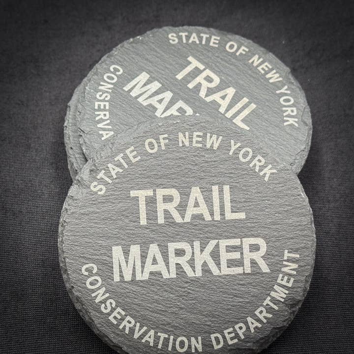 Adirondack Etching LLC - Wholesale Coasters - ADK Trail Marker Round Slate Coaster1