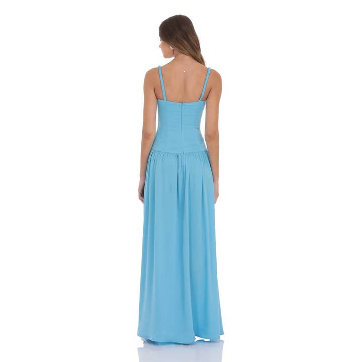 Lucy In The Sky - Wholesale Dress - Women's - Satin Ruched Bust Maxi Dress in Aqua Blue