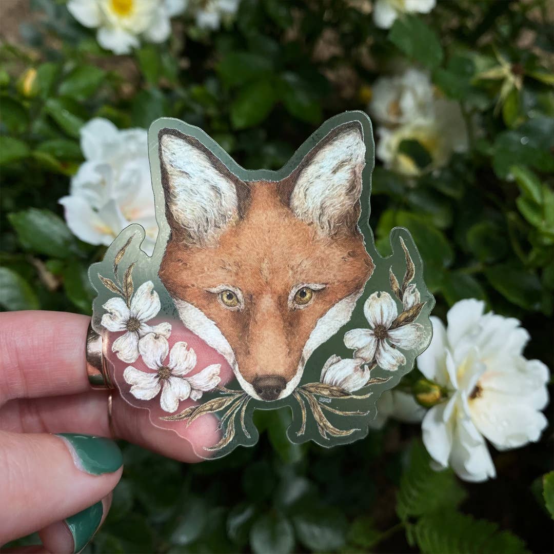 Jessica Roux Illustration - Wholesale Sticker - 2.5" x 2.5" Fox and Dogwoods Semi-Transparent Sticker2