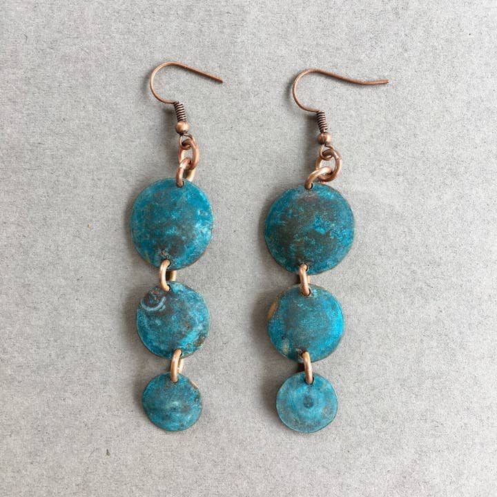 Trio of Blue Patina Copper Discs Earring for wholesale by Kaleya