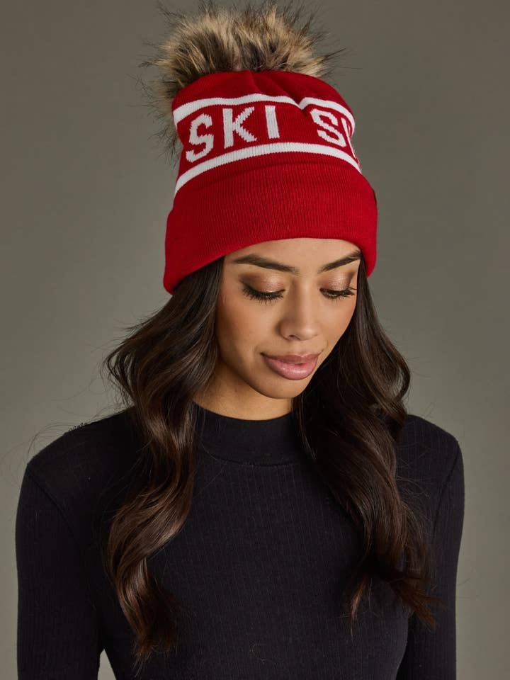 Red & White Ski Pom Hat for wholesale by Panache Apparel Co.