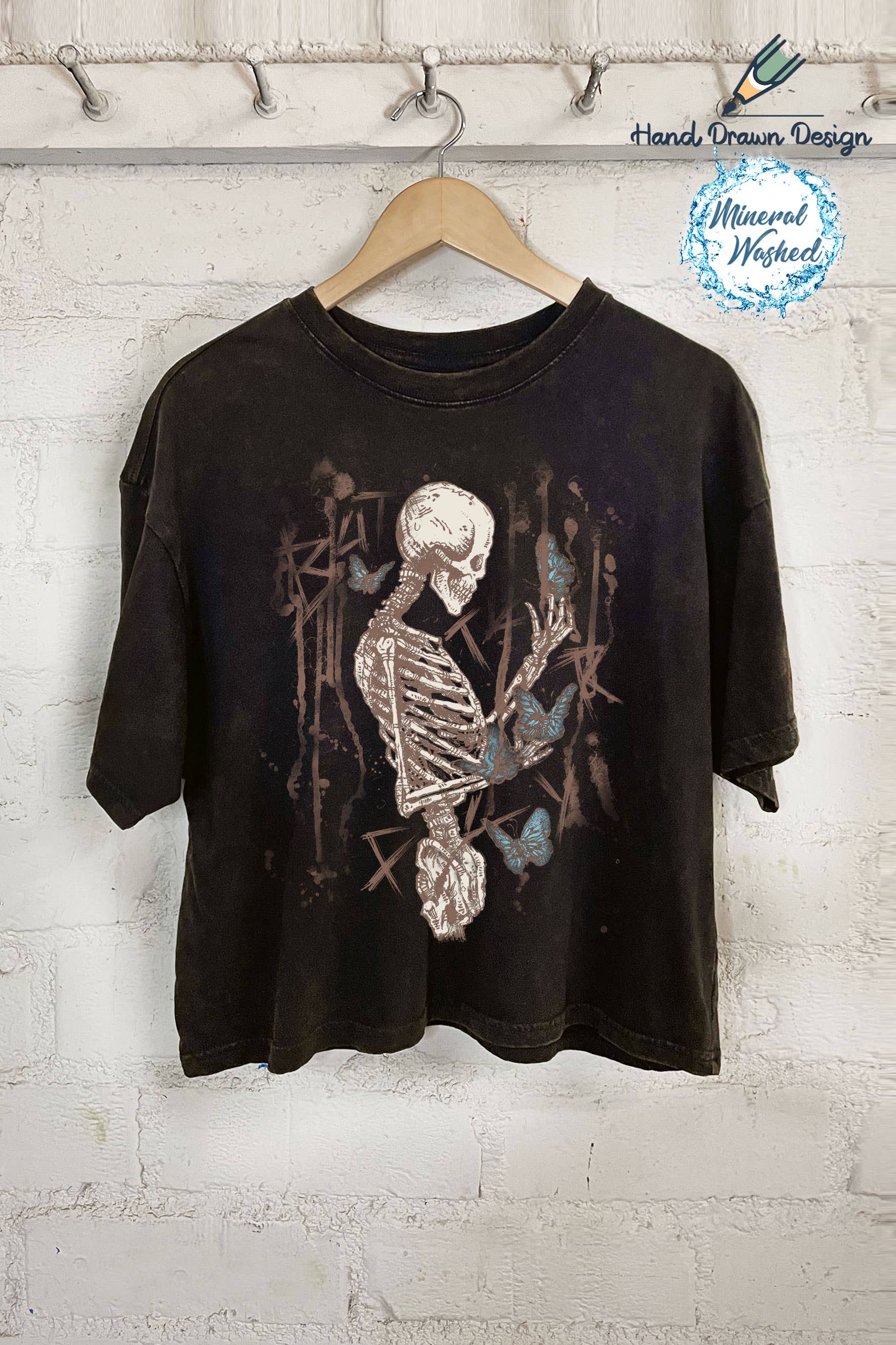 Rustee Clothing - Wholesale Screen Printed T-Shirt - Women's - SKULL BUTTERFLY - HAND DRAWN DESIGN1