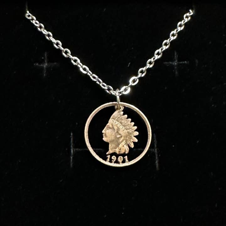 Handgesneden muntketting van een Amerikaanse Indian Head Penny voor wholesale door Mountainstruck Coin Rings and Jewelry