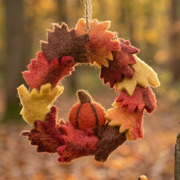 Handmade Felt Autumn Leaves & Pumpkin Wreath Home Decoration for wholesale by Felt So Good