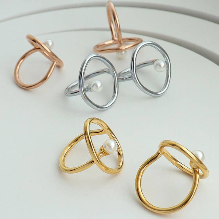 Gemcohub - Wholesale Cocktail/statement ring - 18K Gold Plated Geometric Imitation Pearl Ring2