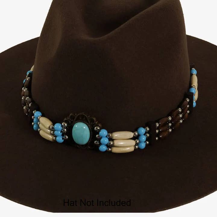 Waxed Cord Wooden and Turquoise Bea Hat Band - Style Samara for wholesale by American Hat Makers