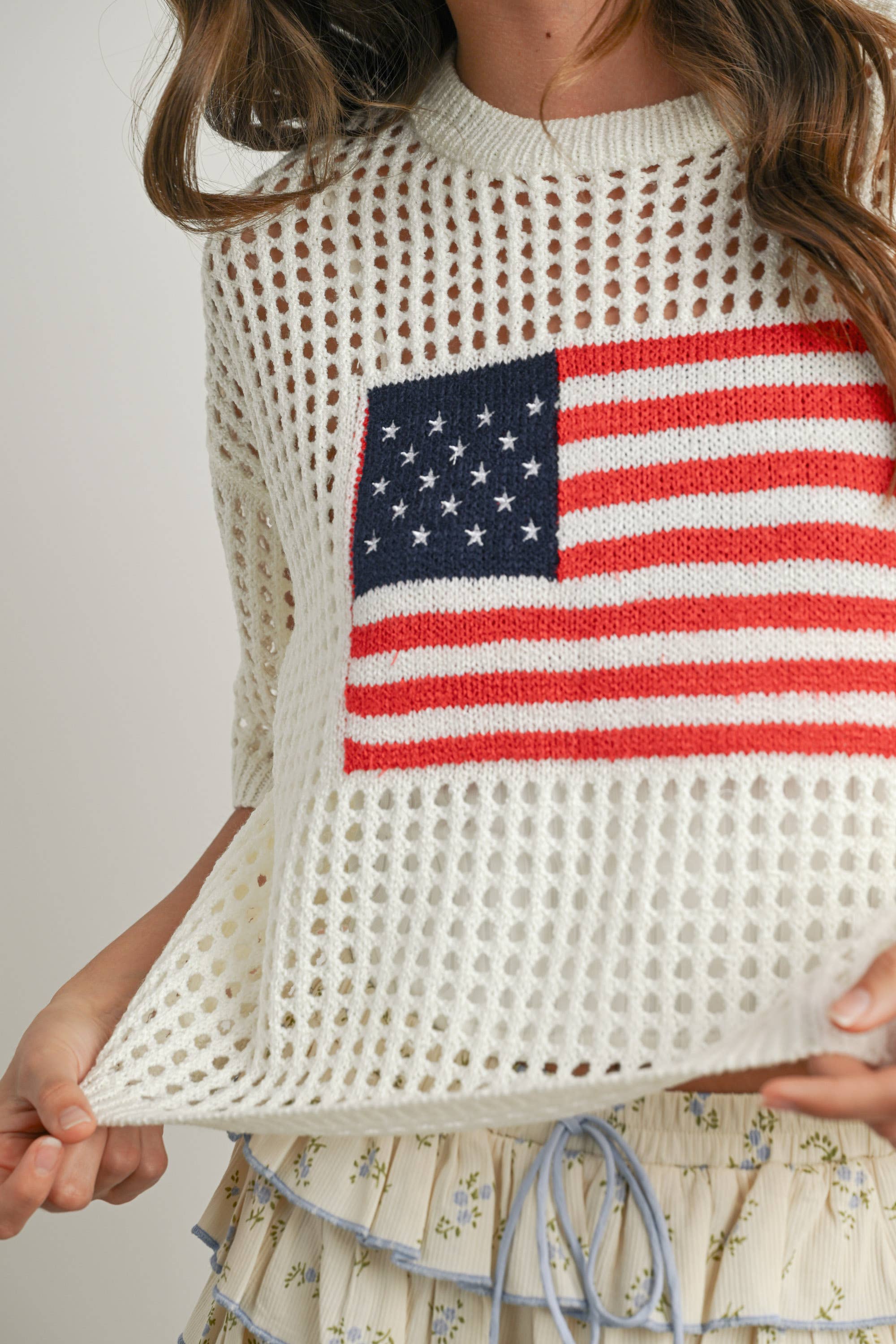 BUTTERMELON - Wholesale Knit Top - Women's - Flag Print Open Knit Crochet Sweater Top - BMW773521