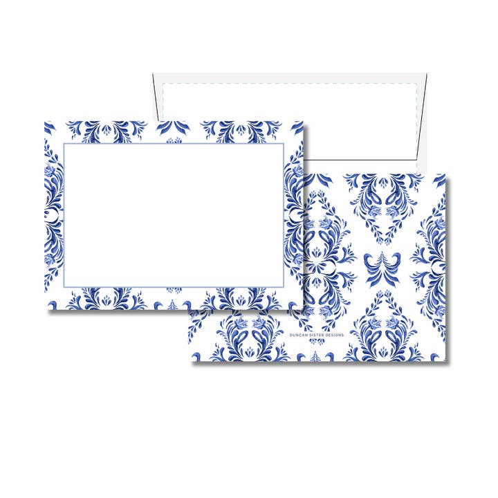 Blå og hvide notekort – Sæt med 8, fremstillet i USA for engroshandel hos Duncan Sister Designs