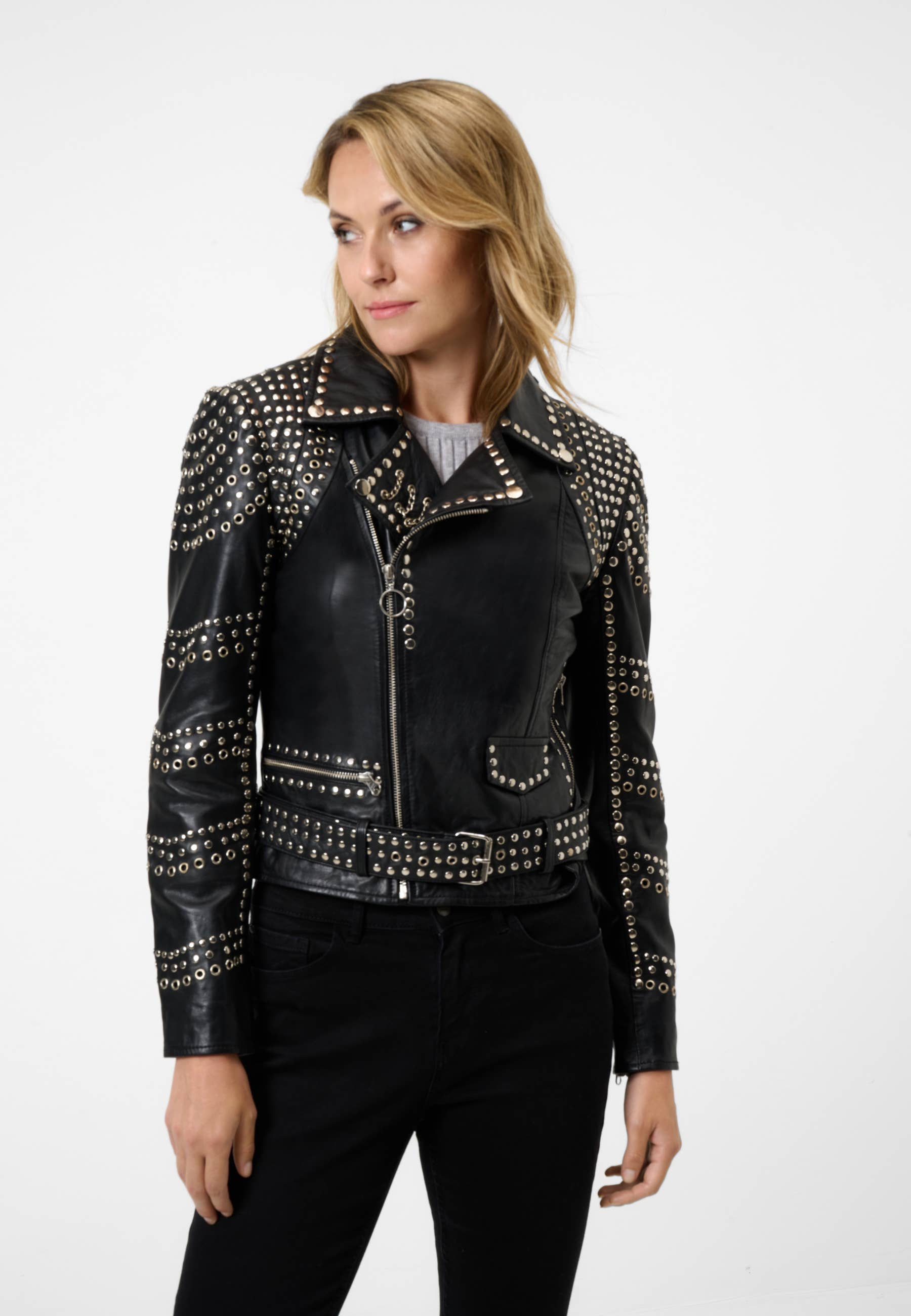 black Women's Leather Jacket Selina with Studded Trim - Lamb Nappa Leather for wholesale on Faire3