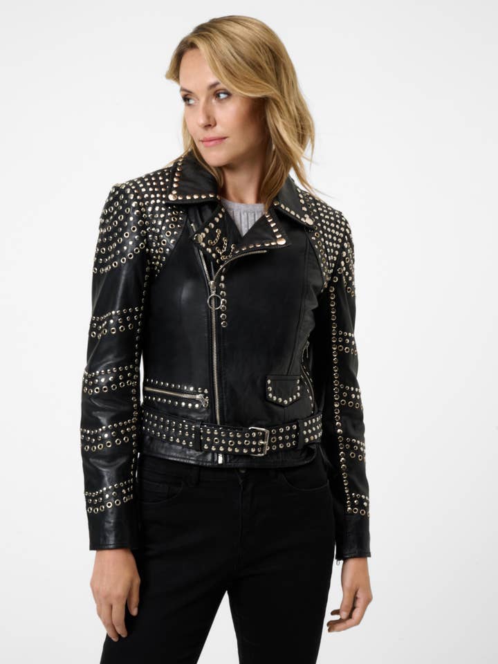 Zwart Dames leren jas Selina met studs - lamsnappa leer voor groothandel op Faire3