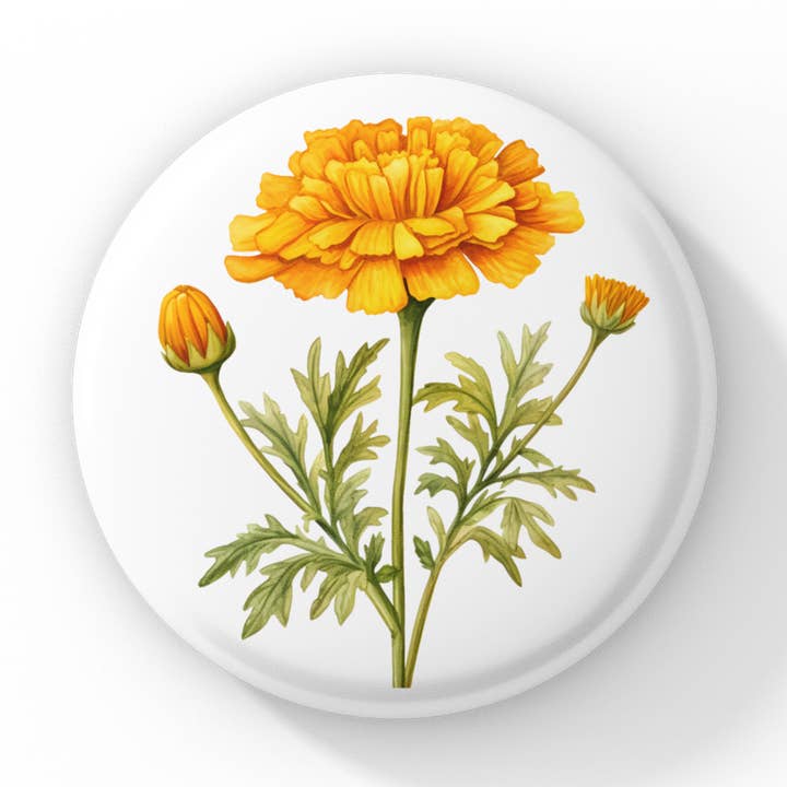 Marigold Pin Button, Marigold Keychain, Marigold Magnet for wholesale by NatureCuts