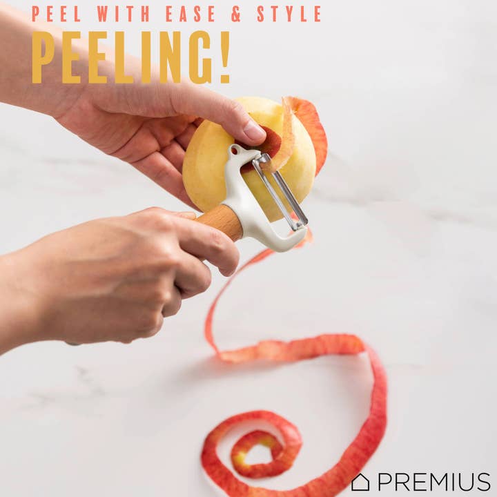 ShopBobbys - Wholesale Peeler - PREMIUS Wooden Vegetable Stainless Steel Blades Peeler with Potato Eyer, White-Natural4