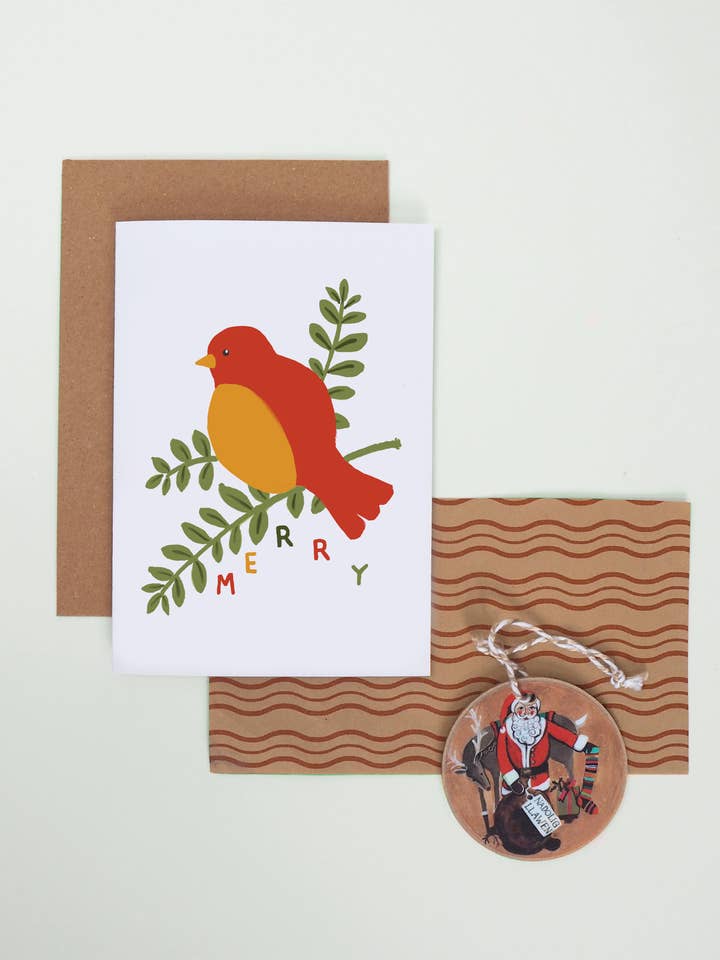 'Merry' moderne Scandi Red Robin kerstkaart voor wholesale door Jade Fisher