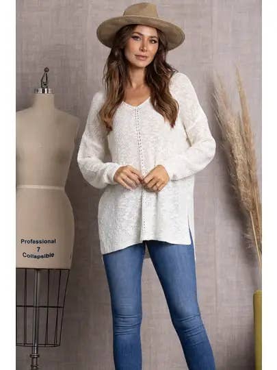 IVORY V-NECK CABLE KNIT SWEATER-TI10001 for wholesale by Stylish Wholesale
