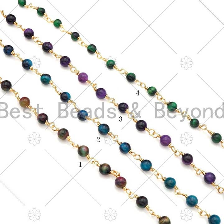 BestBeads&Beyond - Wholesale Beaded/Pearl Necklace - Multicolor/Blue/Green/Purple High Quality Tiger Eye Rosary Chain, 4mm Beaded Chain, Wire Wrapped Gold Chain,Sku#V76