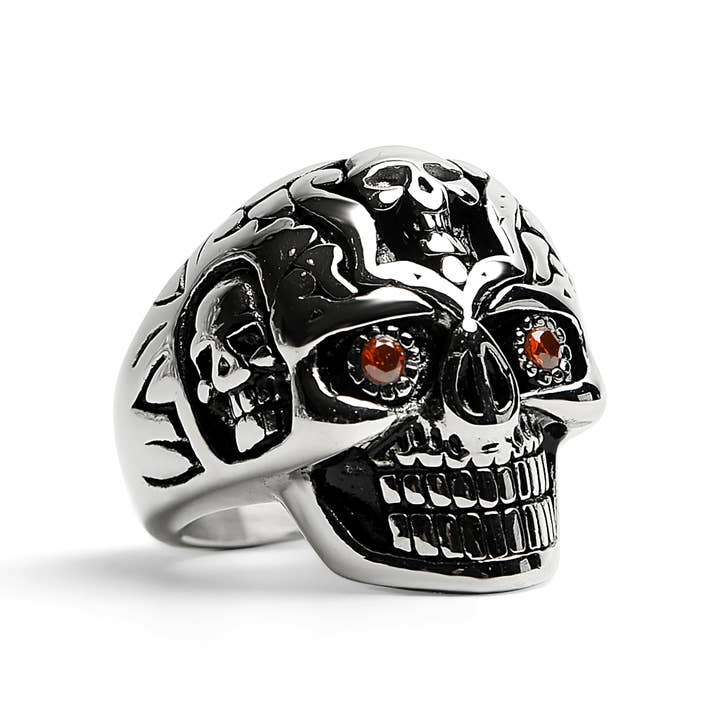WJW - Vendita all'ingrosso Anelli cocktail/statement - Anello in acciaio inossidabile con teschio di zucchero con zirconia cubica rossa