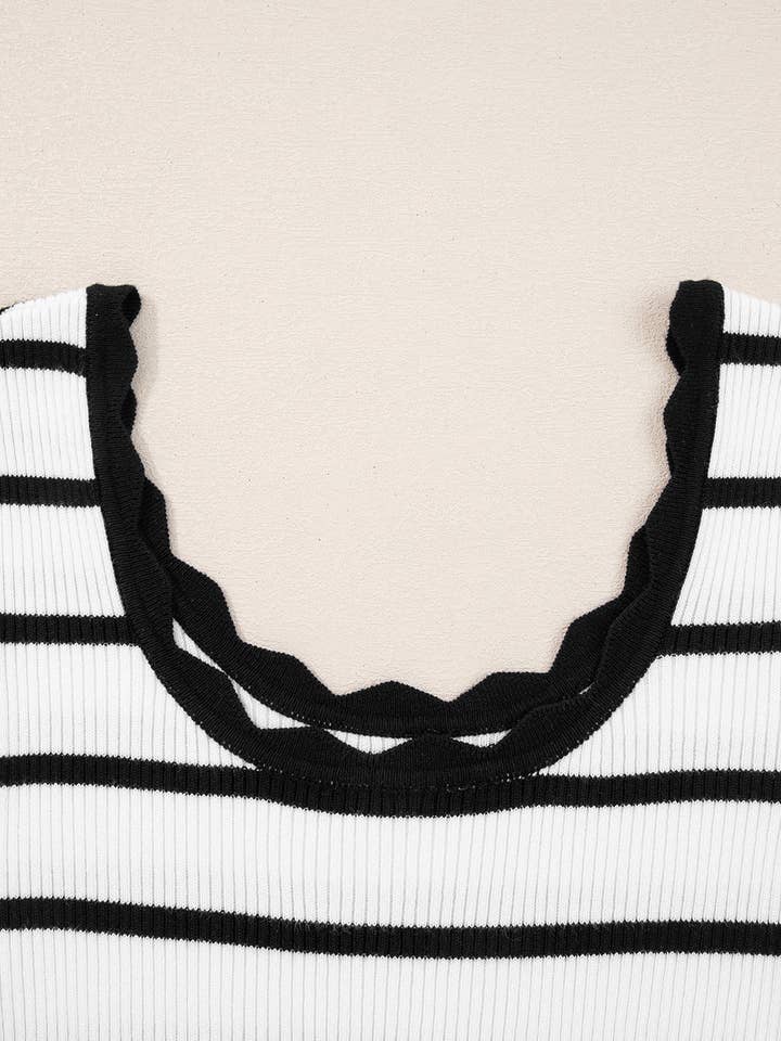 Black white Scalloped Trim U Neck Striped Ribbed Slim Sweater for wholesale on Faire2