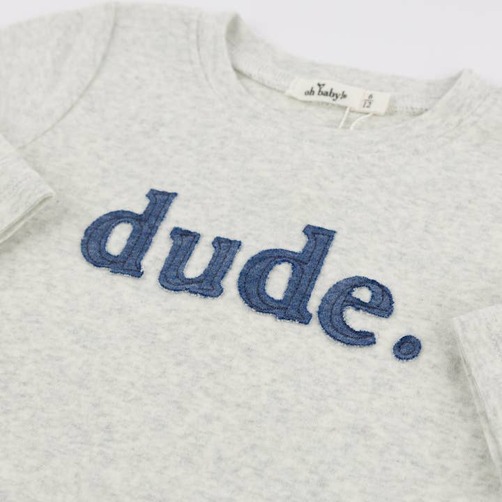 Heather Gray Denim "dude" Applique Raw Edge Baby Rib L/S Tee for wholesale on Faire1