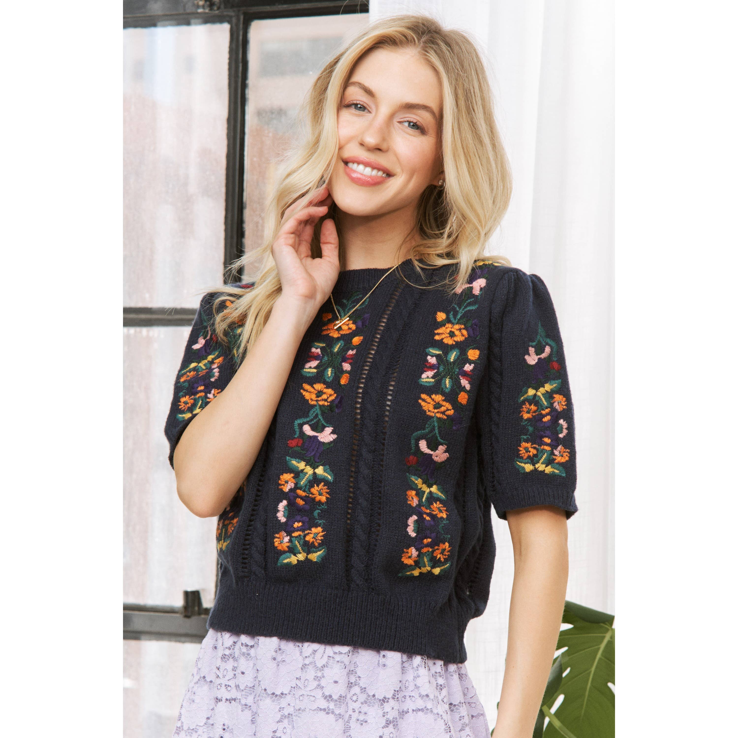 Sweet Generis - Wholesale Knit Sweater - Women's - CUTE FLORAL EMBROIDERY CASUAL PULLOVER SWEATER29