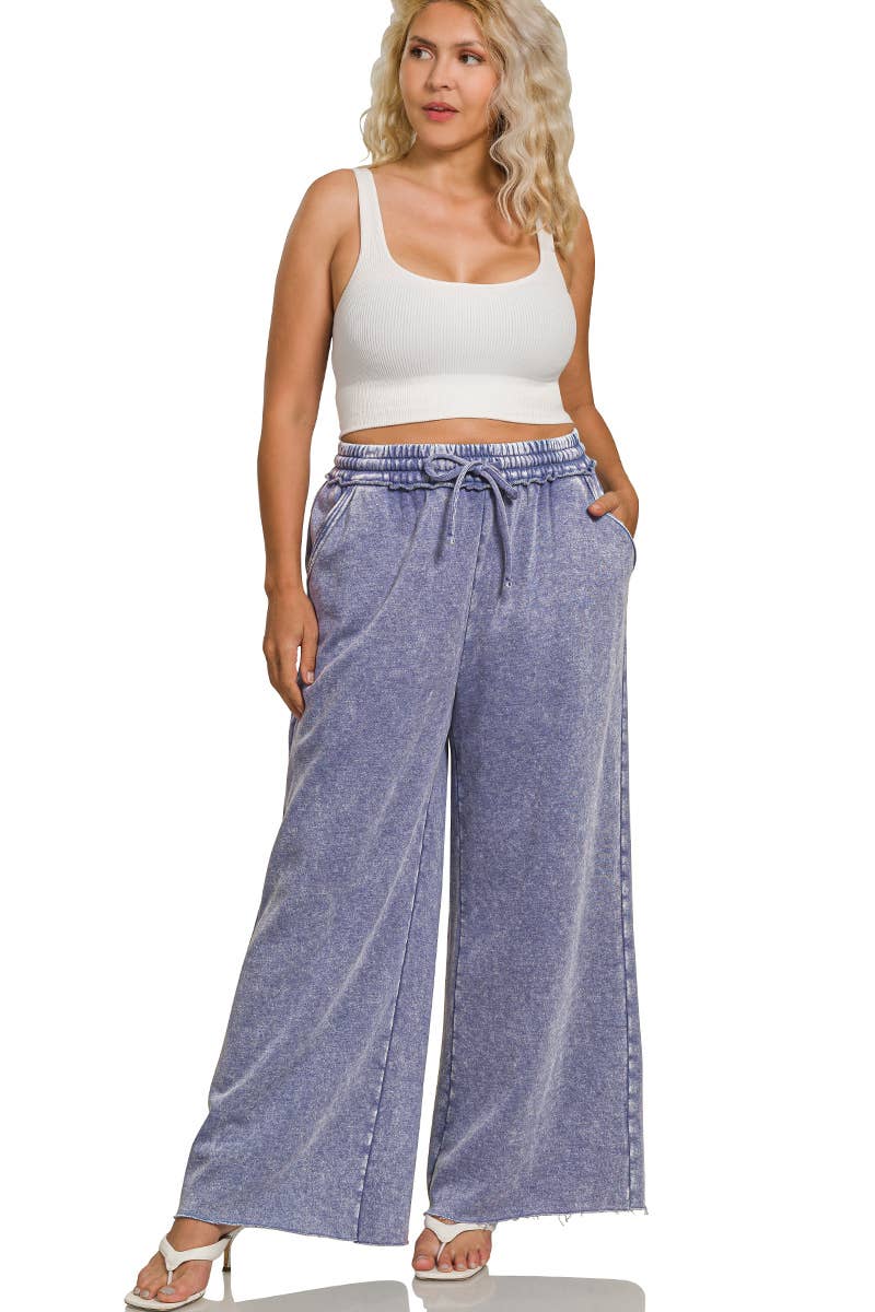 DUSTY TEAL Plus Acid Wash Fleece Palazzo Sweatpants With Pockets for wholesale on Faire2