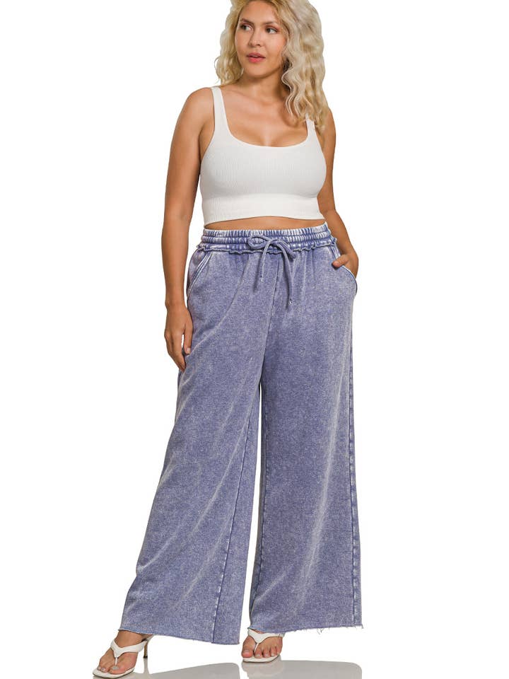 DAMMIG BLÅGRÖN Plus syra-tvättade fleece palazzo-sweatpants med fickor för wholesale på Faire2